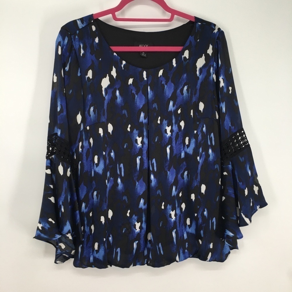 Blue Leopard Animal Print Bell Sleeve Top